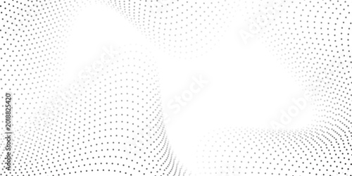 Dotted particles flowing halftone gradient curve shape wave pattern on white background. Vector in technology, science, music, waves, modern concept.
