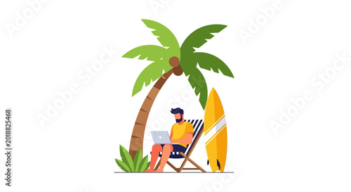 Digital Nomad Working on Laptop on Tropical Beach Under Palm Tree, Remote Work and Freelance Lifestyle Concept, Flat Vector Illustration