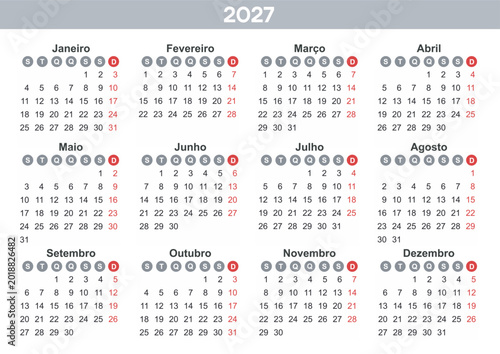 Portuguese Calendar 2027 Year mockup. Annual horizontal template with round days of the week. Modern design. Editable format. EPS10.