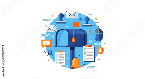 Flat Vector Illustration of Mailbox with Envelopes and Business Icons for Email Marketing and Communication Concept