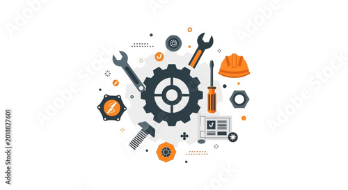 Industrial Engineering and Maintenance Concept with Gears and Tools Vector Illustration