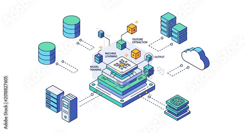 Photos An illustration depicts a layered machine learning model with various data inputs and outputs surrounding it