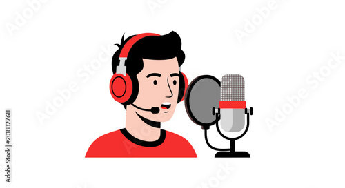 Male podcast host speaking into a professional microphone with headphones. Flat vector illustration of a broadcaster, streamer, or voiceover artist recording audio.