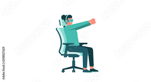 Woman wearing virtual reality headset and headphones sitting in office chair vector illustration