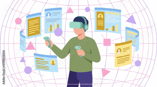 Man in VR headset interacting with virtual screens and metaverse data