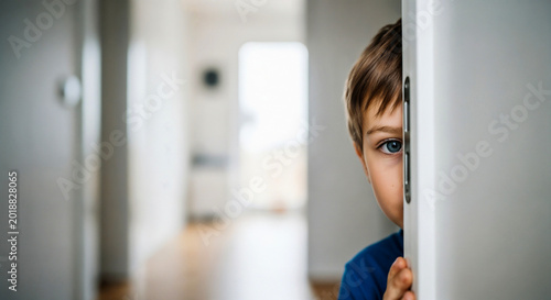 Kid peeking from behind door frame symbolizing shyness