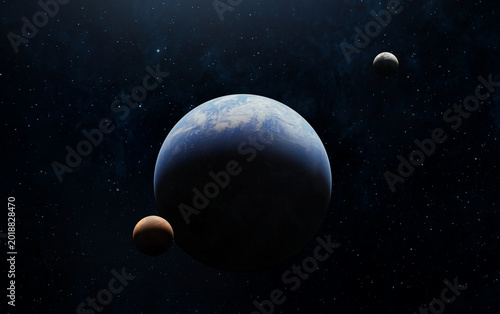 Panoramic view of the Earth, sun, star and planets solar system. Sunrise over planet Earth, view from space. Elements of this image furnished by NASA