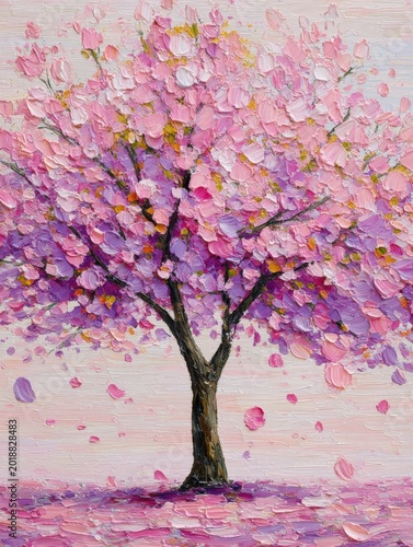 Impasto Oil Painting of a Beautiful Pink Cherry Blossom Tree in Bloom with Thick Texture and Falling Petals on a Soft Background for Interior Decor and Artistic Floral Concept Art