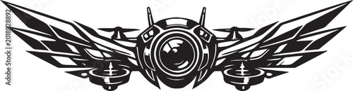Futuristic Drone Emblem, Aerial Surveillance Icon, Winged Camera Badge, Technology Symbol, Vector Art