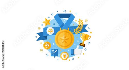 Golden Medal and Trophy with Blue Ribbon Vector Illustration - Achievement, Success, and Award Recognition Flat Concept