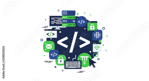 Software Development and Web Engineering Concept Illustration with Coding Icons, Servers, and Cybersecurity Elements for IT Business Services