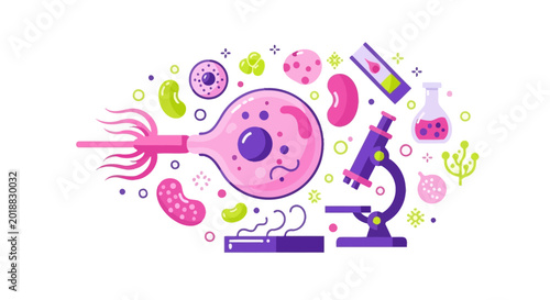 Flat Vector Microbiology Illustration with Microscope, Human Cells, Sperm and Egg Fertilization, Lab Glassware, and Biotechnology Scientific Research Concept