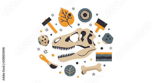 Paleontology and Dinosaur Fossil Illustration with T-Rex Skull, Excavation Tools, and Prehistoric Artifacts in Flat Design Style