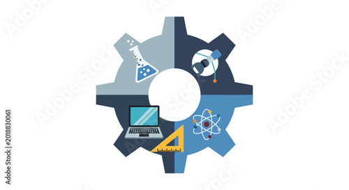 STEM Education and Innovation Concept Icon with Gear Symbol Representing Science, Technology, Engineering, and Mathematics Integration