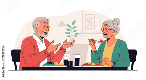 A happy elderly couple enjoys a meal together at a table talking and smiling in a cozy home environment for a healthy retirement.