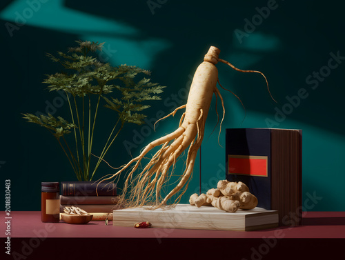 Ginseng root on the table, Chinese traditional medicine books in the dark background