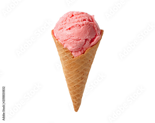Delicious Pink Strawberry Ice Cream Scoop in a Crispy Waffle Cone