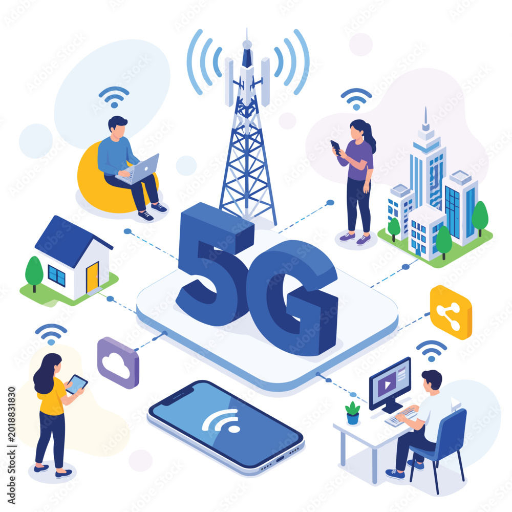 Naklejka premium Illustration of 5G Technology Connecting People through Devices in a Modern Urban Environment