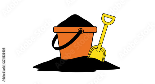 Konstfotografi Orange bucket and yellow shovel with black sand flat vector illustration