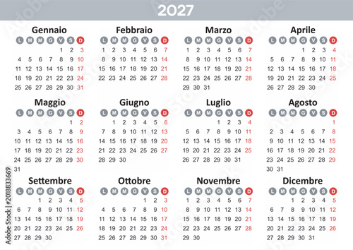 Calendar 2027 Year mockup. Italian version. Annual horizontal template with round days of the week. Modern design. Editable format. EPS10.