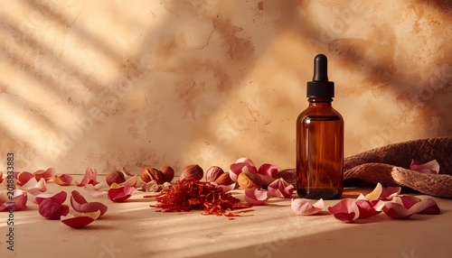 Panoramic Luxury Beauty Composition with Amber Dropper Bottle, Argan Nuts, and Rose Petals in Sunlight