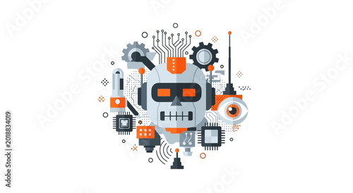 Abstract Artificial Intelligence Robot Head with Digital Circuits and Cybernetics Concept. Flat Vector Illustration for Technology, Automation, and Machine Learning.