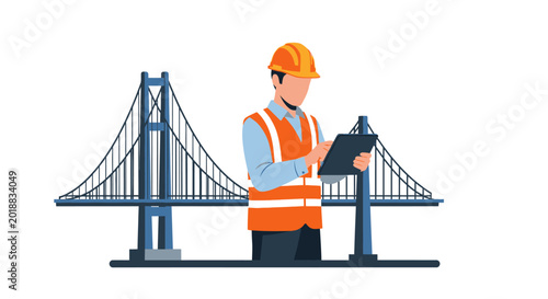 Civil engineer in hard hat using tablet with suspension bridge background. Vector illustration of construction worker on bridge site.