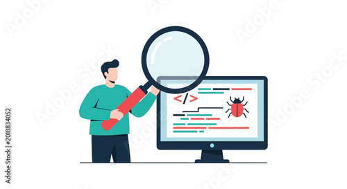 Software Developer Debugging Code and Finding Bugs with Magnifying Glass Flat Vector Illustration, QA Testing and Programming Concept