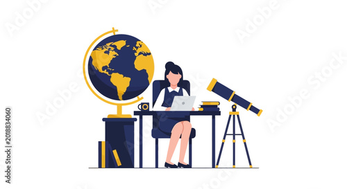 Woman Researcher Studying with Laptop, Globe and Telescope Vector Illustration. Global Education, Science and Exploration Concept for Remote Learning and Scientific Research.