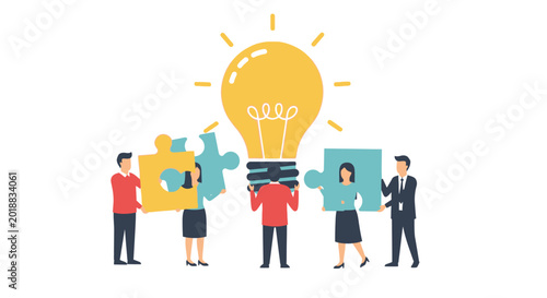 Business Team Collaboration with Jigsaw Puzzle Pieces and Light Bulb for Creative Idea Generation and Teamwork Concept