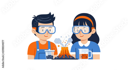 Children Boy and Girl Performing a Volcano Science Experiment Illustration, Kids in Goggles with Erupting Model Volcano, STEM Education and Learning Concept