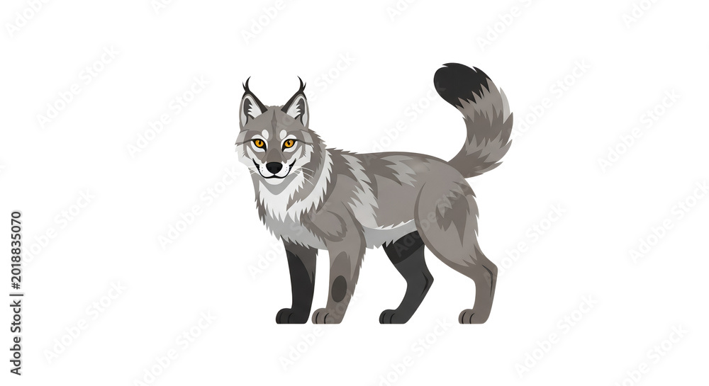 Fototapeta premium Majestic Gray Lynx Wildcat with Orange Eyes Standing Isolated on White Background