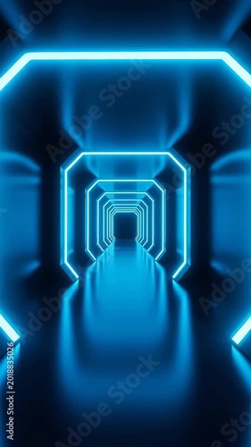 Blue neon hexagonal tunnel