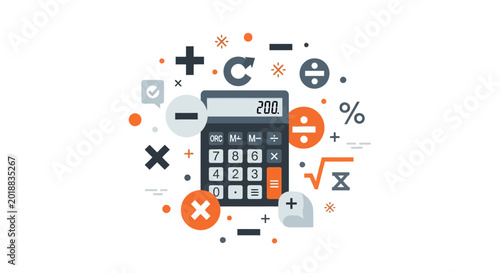Flat Vector Illustration of a Digital Calculator with Mathematical Symbols for Finance, Business, and Education Concepts