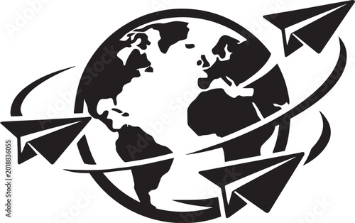 Global travel vector icon with paper planes flying around earth globe, black and white world map illustration, international logistics and shipping concept