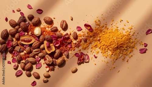 Panoramic Top View of Moroccan Argan Nuts, Crushed Spices, and Pink Petals on Earthy Background