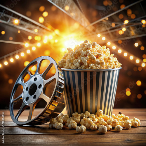 Popcorn Bucket and Movie Reel on Wooden Table