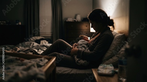 Mother breastfeeding her newborn baby in bed at night