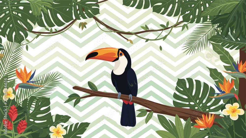 Fototapeta premium Colorful toucan perched on a branch in a tropical jungle setting with exotic flowers and large green palm leaves.