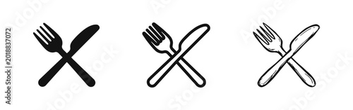 Bilde på lerret Crossed fork and knife icons set for restaurant food dining and kitchen in three