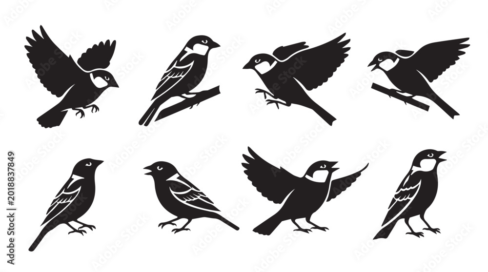 Fototapeta premium Sparrow silhouettes in various poses against a white background showcasing flight and perching actions