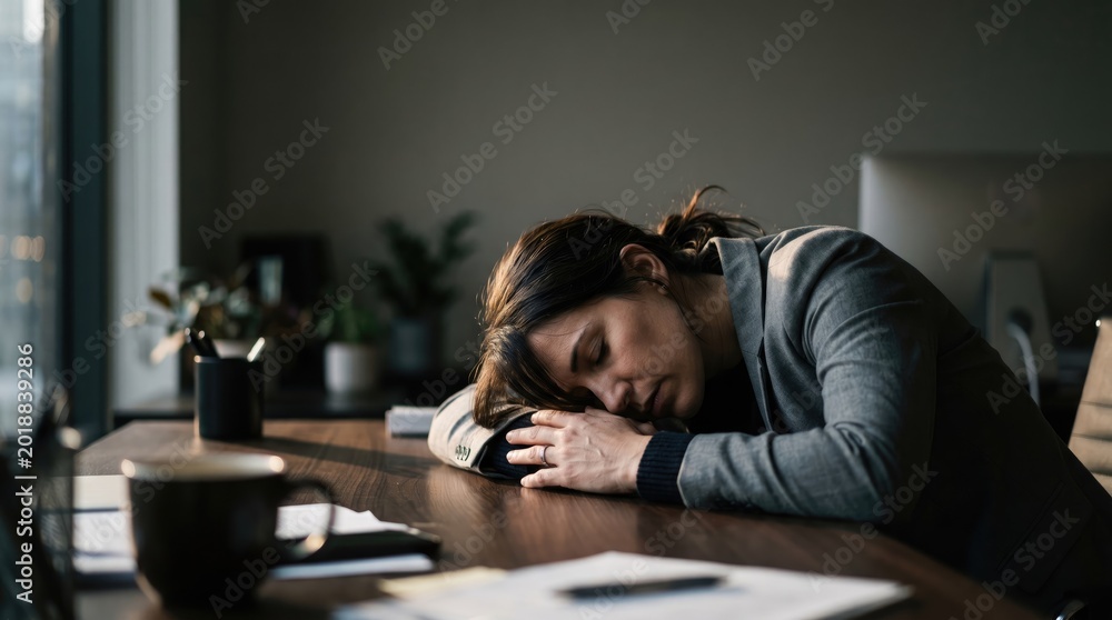 Fototapeta premium Woman sleeping on desk at work