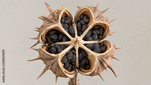 datura. A dried datura seed pod split open, revealing a radial pattern of dark seeds inside. gardening catalogs, home-decor guides, designed for home decor and floral branding, enhances decor appeal.
