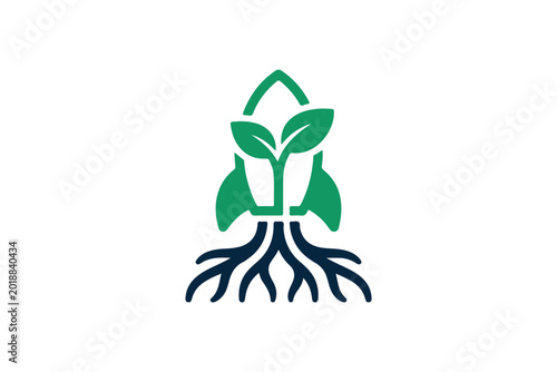 Green plant seedling with roots shaped as rocket launch icon for eco growth logo design