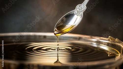 anointing. Silver spoon dripping olive oil onto water, creating concentric rings. STEM education sheets, lab safety posters, designed for STEM education and laboratory safety posters.