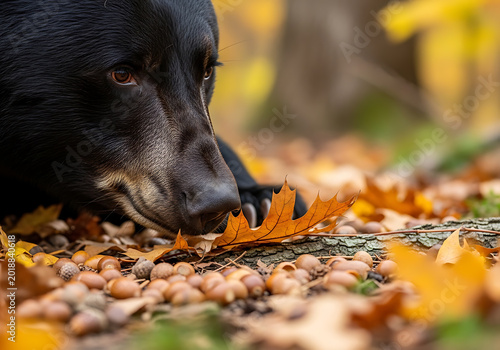 A black bear sniffs acorns and fallen autumn leaves on the forest floor, its snout close to the ground.