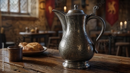 flagon. Medieval pewter flagon with hammered texture on rustic wooden tavern table. bar promotions, beverage menus, designed for food & beverage menus and cafe branding, used by project managers.