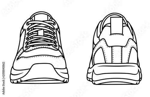 Vector line art technical sketch of sneakers, front and back views.