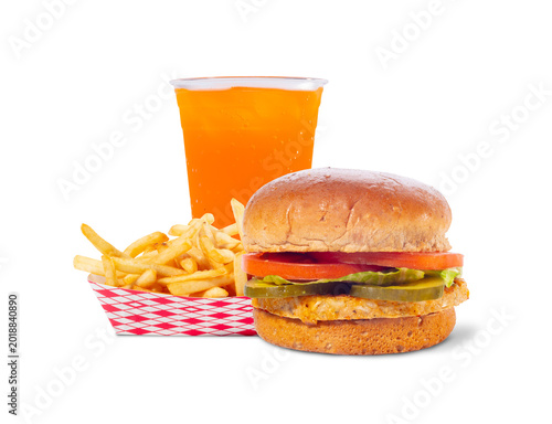 Classic chicken sandwich combo with french fries and cold beer isolated on white background