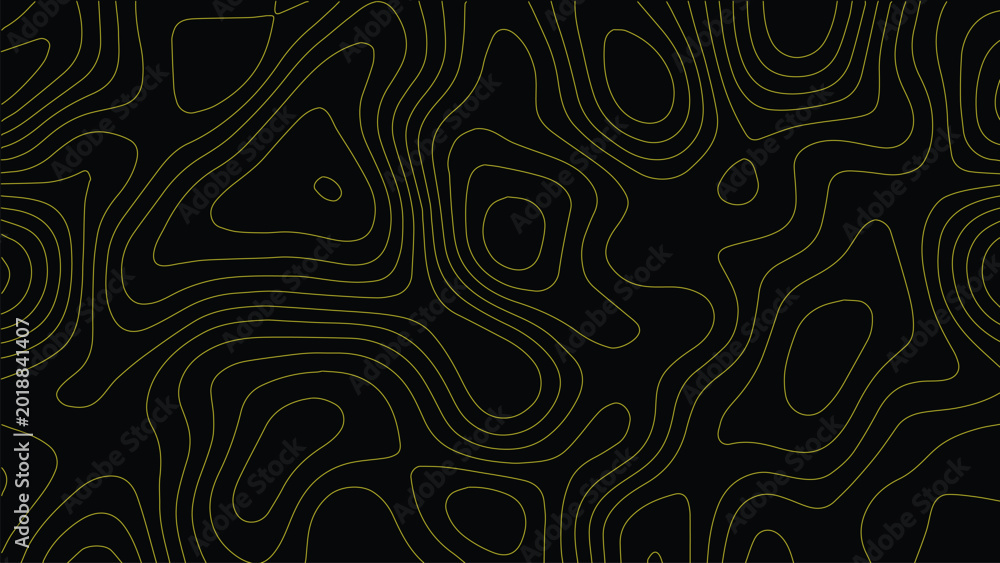 Fototapeta premium Thin gold contour lines forming an abstract topographic map pattern against a solid black background with organic flowing shapes and concentric circular formations